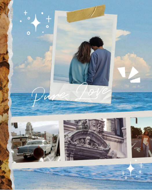 A romantic scrapbook style collage template featuring a central Polaroid photo with gold tape, three small film strip photos at the bottom, and a blue ocean background with ripped paper edges and sparkles.