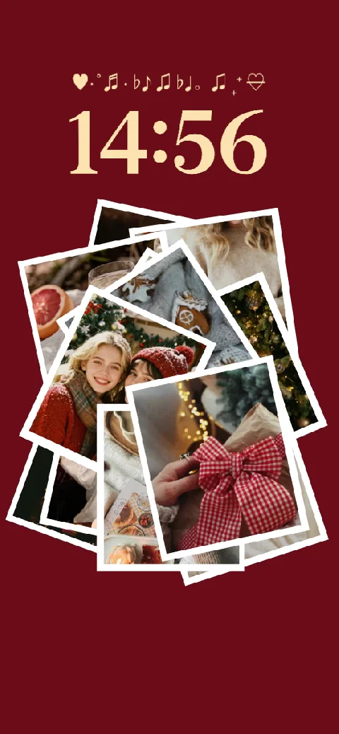 Aesthetic Christmas Polaroid photo collage live wallpaper template with burgundy background and festive holiday images.