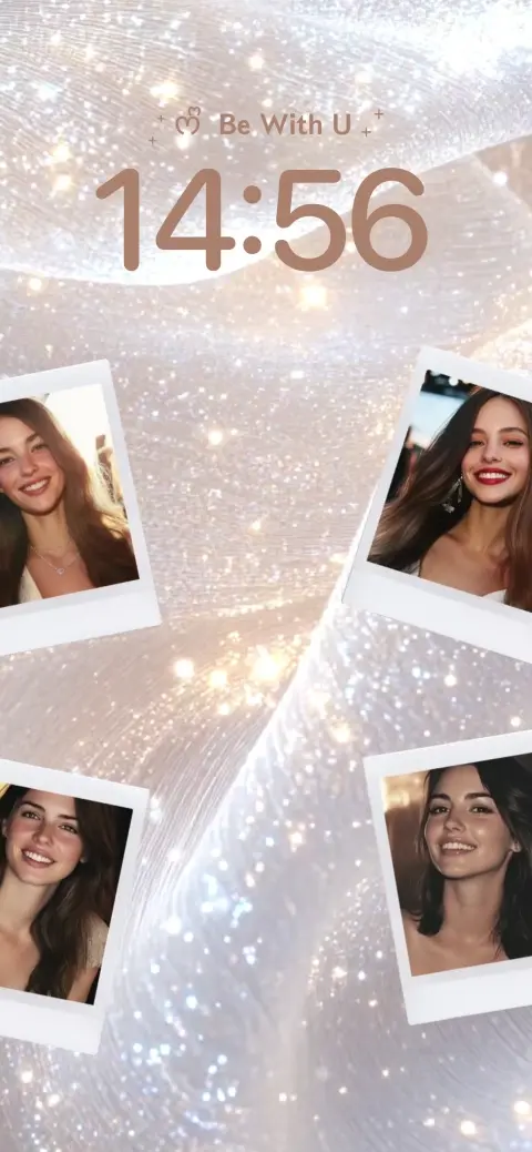 Arrière-plan en tissu blanc scintillant avec quatre cadres photo polaroid personnalisables et une zone de texte pour fond d'écran animé.