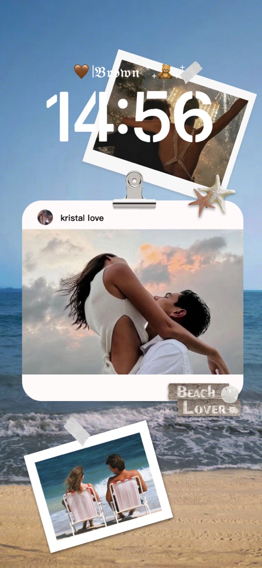 A customizable beach-themed wallpaper template featuring three photo frame inserts, starfish decorations, and a sandy beach background.