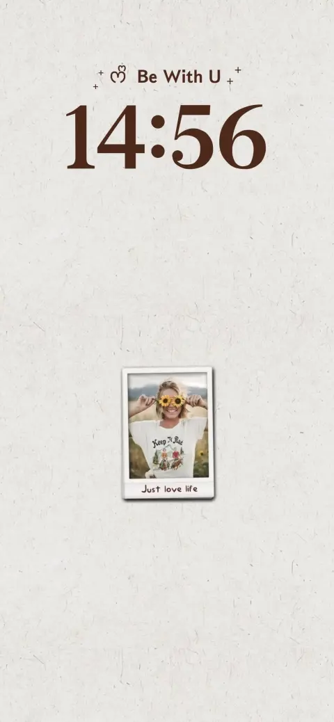 A minimalist white paper texture background featuring a customizable Polaroid photo frame and editable text labels for a custom live wallpaper.