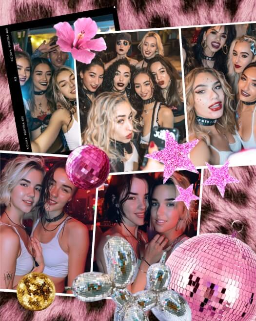 Plantilla de collage con fondo de piel rosa, fotos en ángulo, bolas de discoteca rosas y doradas, estrellas con purpurina y una flor de hibisco.