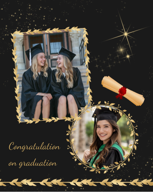 Black and gold graduation photo collage with gold leaf frames, sparkles, a diploma, and Congratulations on graduation text.