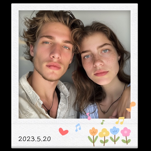 A Polaroid-style photo frame containing a young couple, decorated with colorful flower stickers, music notes, a heart, and a date stamp 2023.5.20.