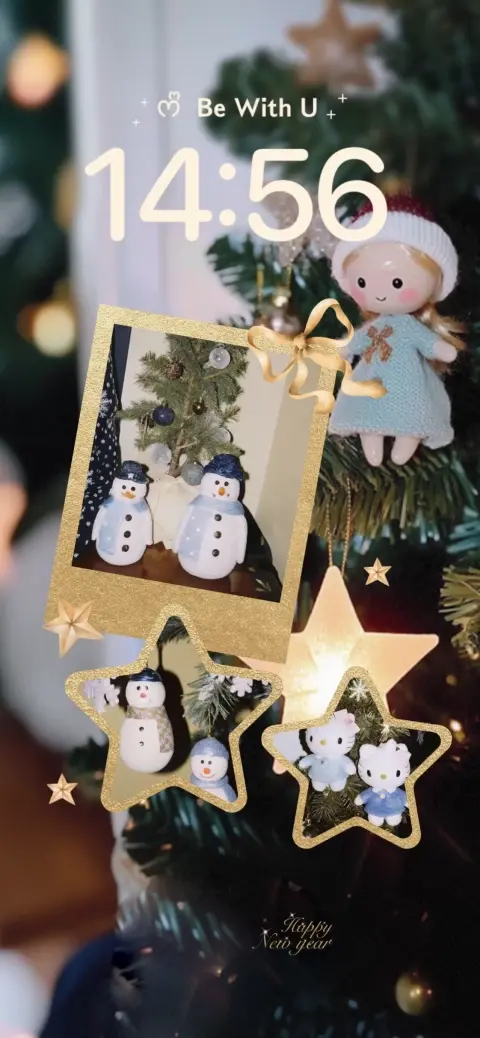 Christmas live wallpaper template with snowmen, gold star frames, and festive ornaments for mobile lock screen.