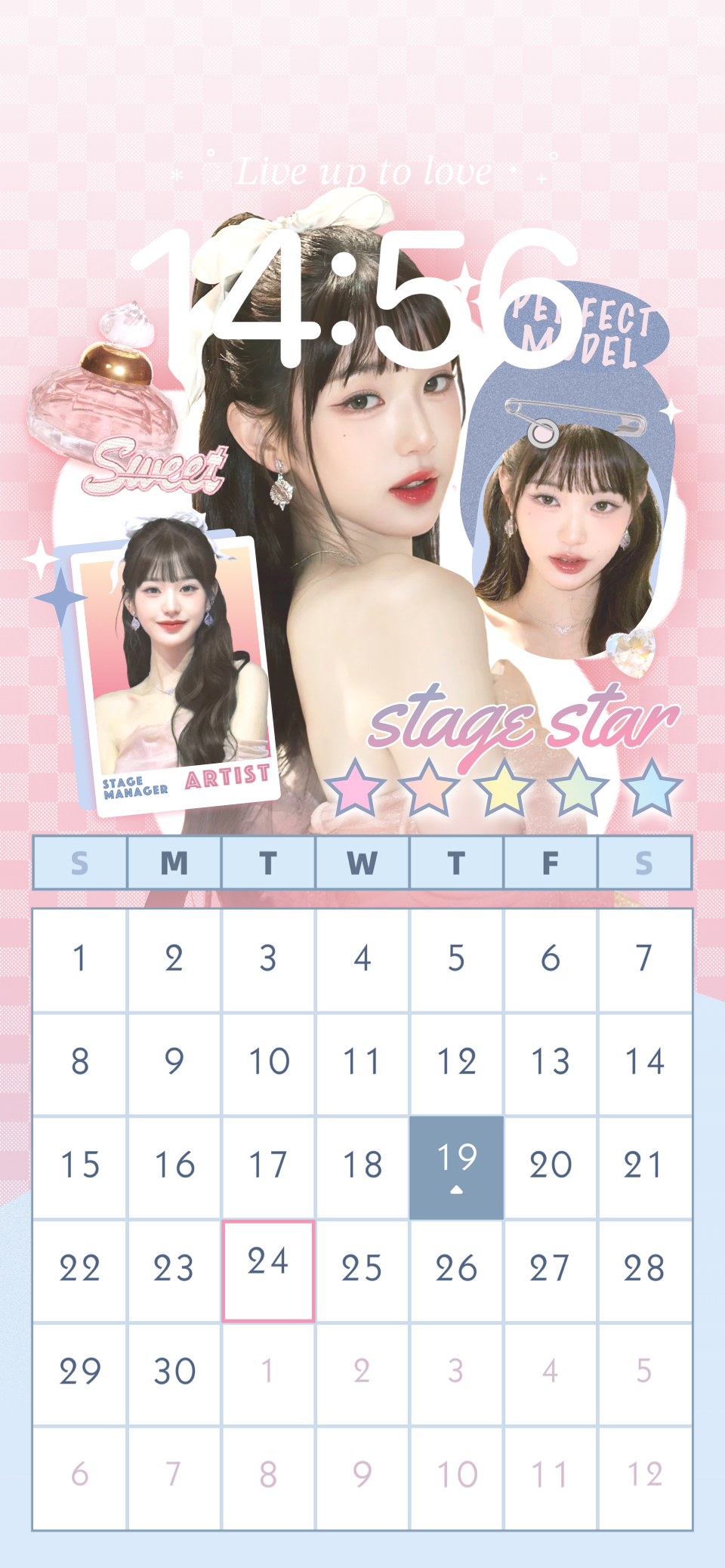 Customizable pink K-pop aesthetic wallpaper template with monthly calendar, photo frames, and y2k stickers.