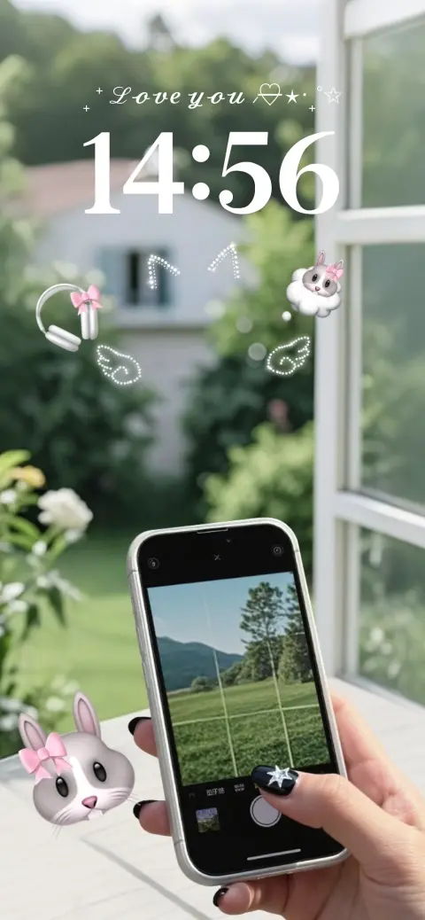 Plantilla de fondo de pantalla personalizable con estilo coquette, mostrando una mano sosteniendo un móvil frente a un jardín.