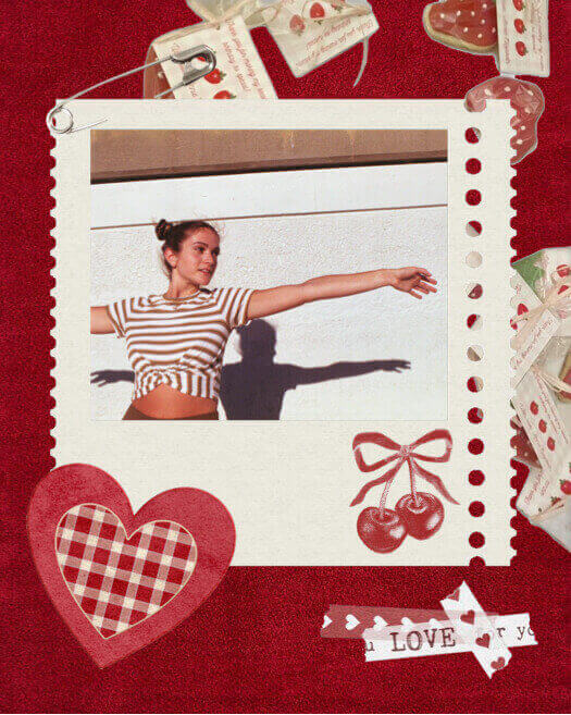Vintage Fotocollage-Vorlage mit rotem Hintergrund, einem Fotorahmen mit gezacktem Rand, einem rot-weiß karierten Herz, Kirsch-Illustrationen und einem Klebeband mit der Aufschrift LOVE.