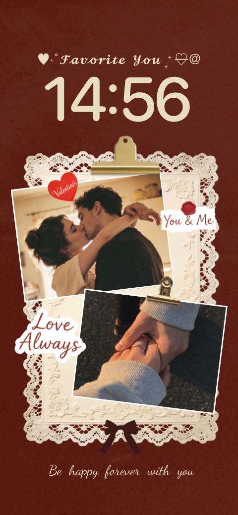 Vintage Valentine's scrapbook DIY wallpaper template with lace frame, couple photos, and romantic stickers for mobile.