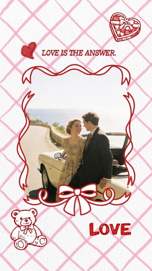 A single photo frame with a decorative red ribbon border set against a pink and white harlequin grid background, featuring hand-drawn doodles of a teddy bear and hearts.