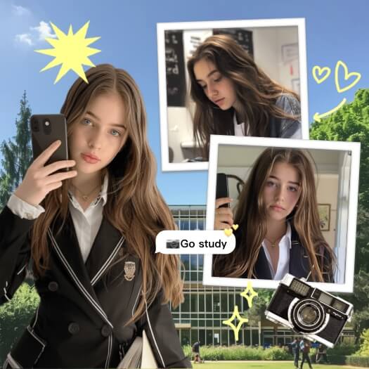Back to school collage featuring a girl in a blazer, polaroid frames, yellow star stickers, and vintage camera elements.