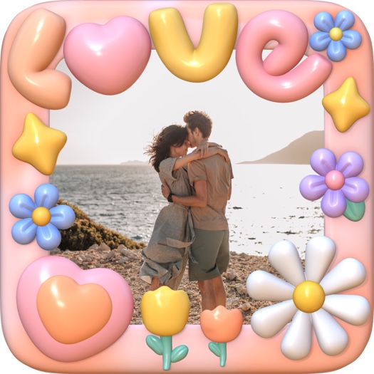 Pink 3D puffy photo frame with LOVE text, pastel flowers, and hearts surrounding a couple hugging by the sea.