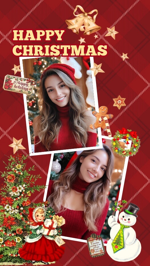 Red plaid Christmas scrapbook collage with two tilted photos, a vintage Christmas tree, snowman, and gingerbread man.