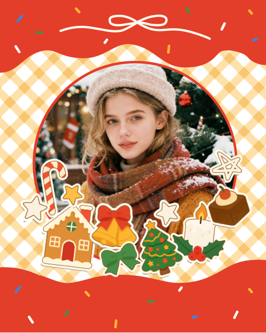 Single photo Christmas collage with gingerbread house, festive stickers, and a yellow gingham arched frame.