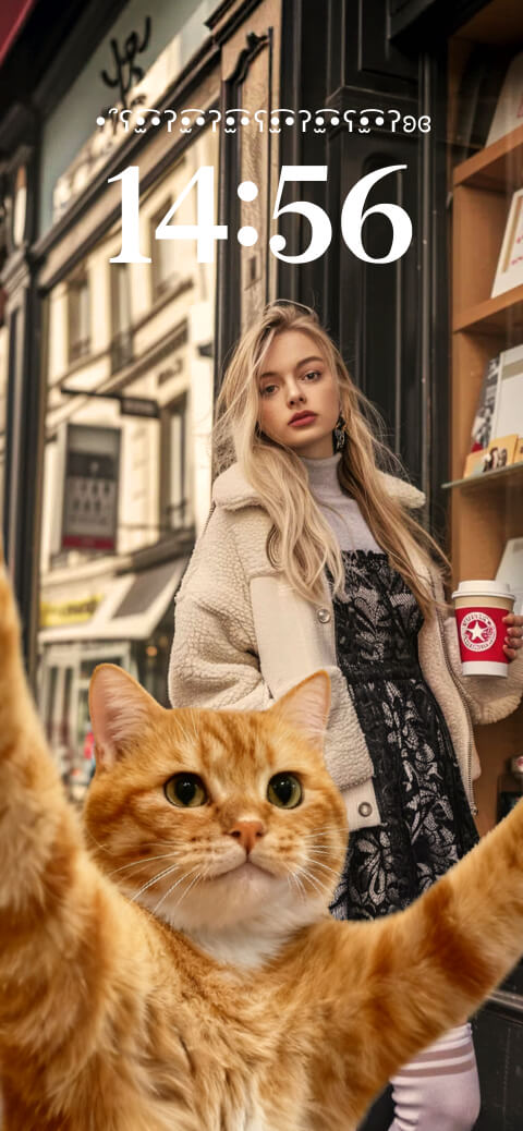 Anpassbare statische Wallpaper-Vorlage mit einer roten Katze im Vordergrund, die ein Selfie macht, und einer Frau vor einem Geschäft im Hintergrund.
