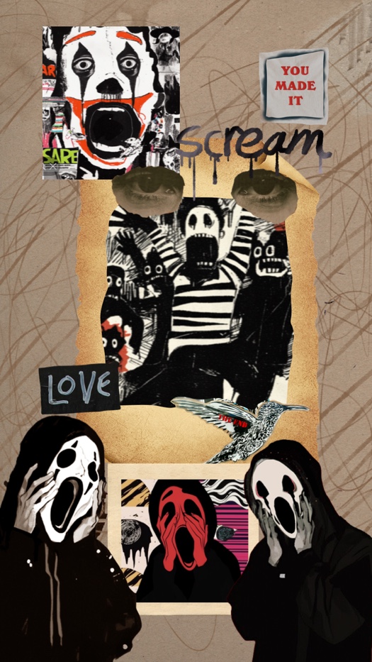 Collage de temática de terror oscuro con máscaras de Scream, texto Scream goteando, papel rasgado y pegatinas punk sobre fondo marrón con garabatos.