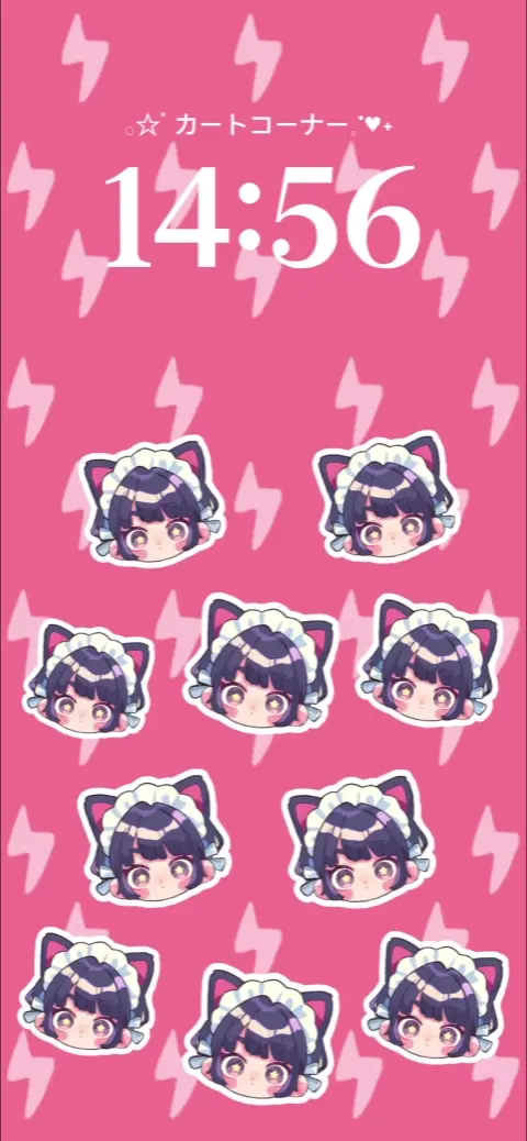 A pink customizable live wallpaper template featuring anime cat girl stickers and white lightning bolt patterns with a digital clock.