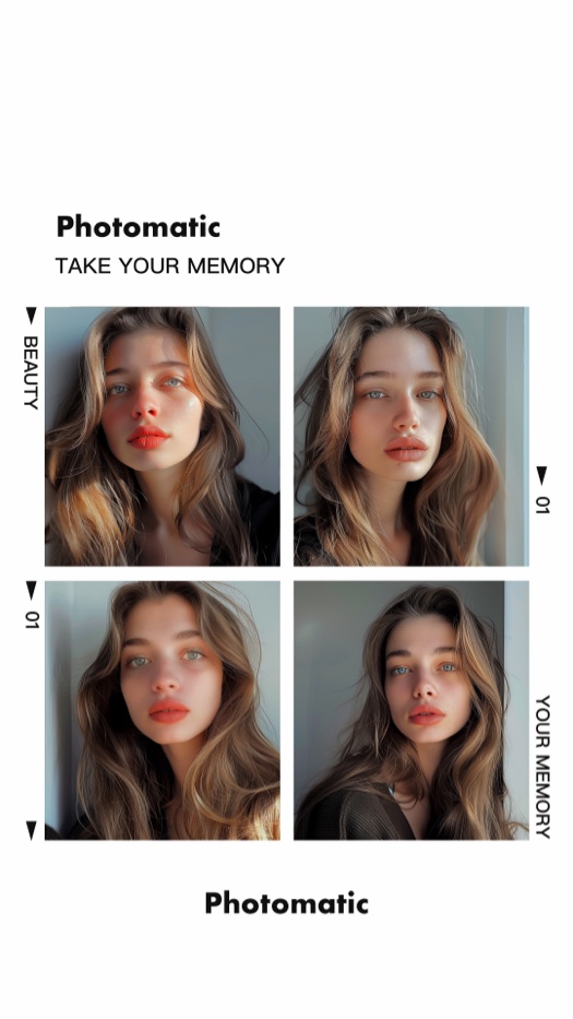 Minimalist 4-photo grid collage template with beauty portraits and bold Photomatic typography on white background.