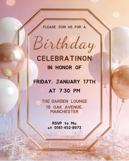 Elegante Geburtstagseinladung mit goldenem Rahmen, roségoldenen Ballons und Schneeflocken auf rosa-violettem Hintergrund.