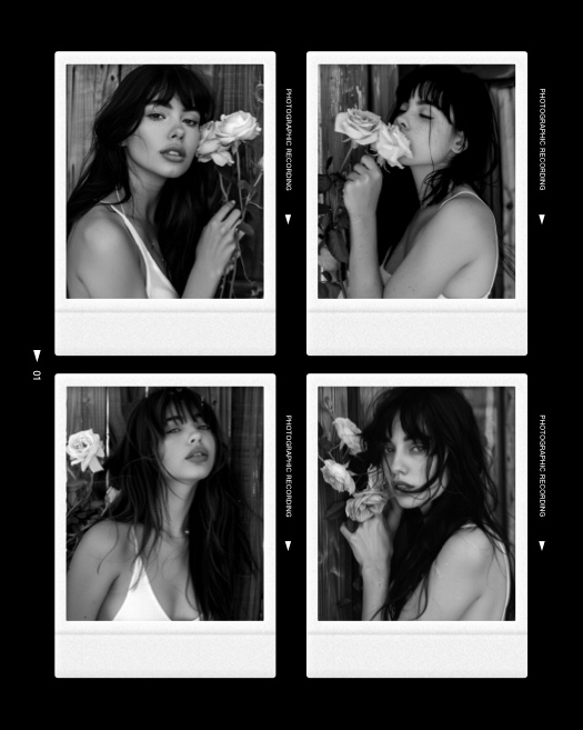 Un collage en grille 2x2 sur fond noir montrant quatre photos en noir et blanc d'une femme avec des roses, présentées dans des cadres de type Polaroid.