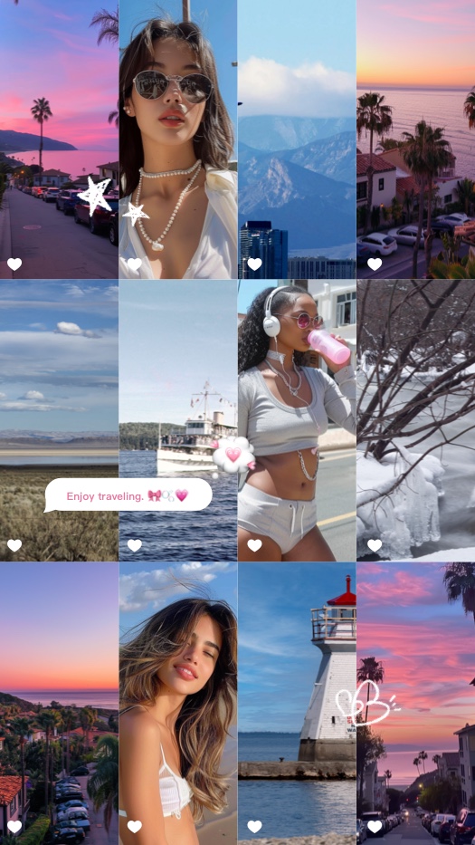 Un montage photo de 12 images montrant des paysages de voyage et des portraits, orné d'étoiles dessinées à la main et de cœurs blancs sur chaque photo.