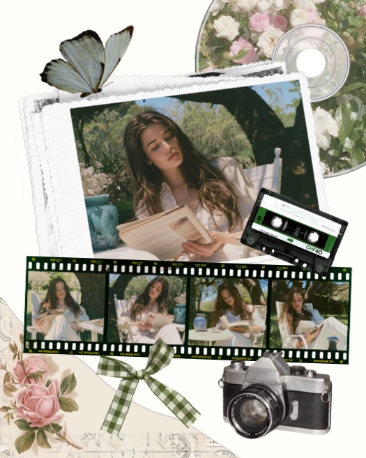 Vintage scrapbook collage with a woman reading, film strip, retro camera, butterfly, and cottagecore floral elements.