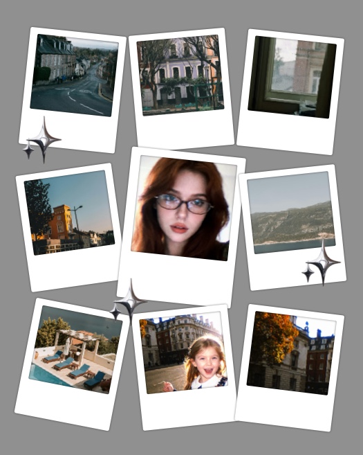 Nine polaroid frames in a scattered freestyle layout with silver chrome sparkles on a neutral grey background.