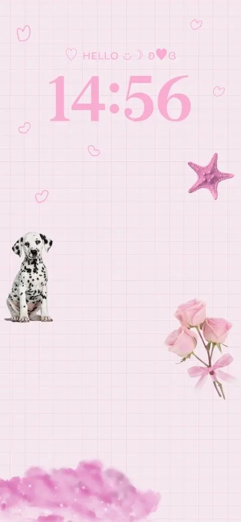 Rosa Karo-Hintergrund mit Dalmatiner-Welpen und Rosen, personalisierbare Live Wallpaper Vorlage.