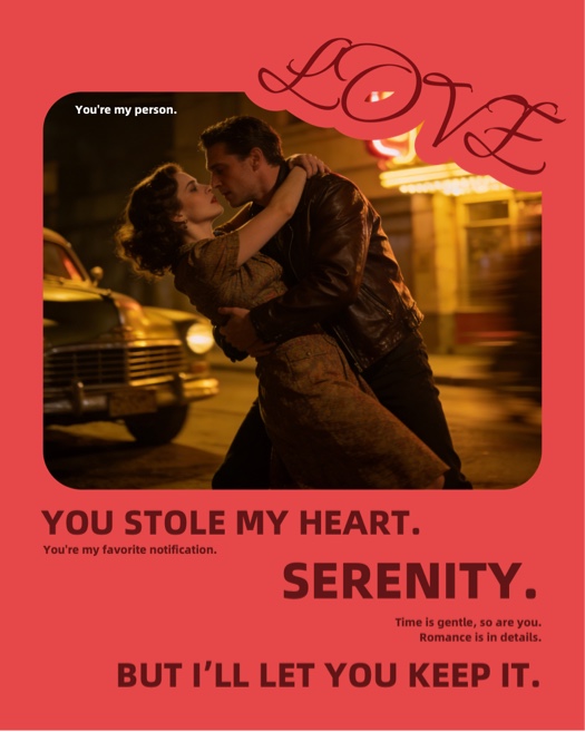 A romantic vintage-style photo collage featuring a couple dancing near a classic car. The background is coral red with bold typography and 'LOVE' script.