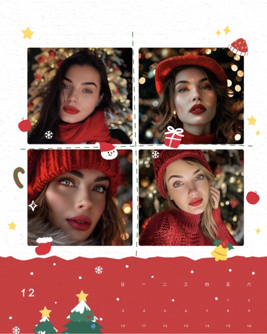 Eine Weihnachtsfotocollage mit einem 4-Fotos-Raster, einem Dezemberkalender im unteren Bereich und festlichen Stickern wie Schneemann und Geschenken.