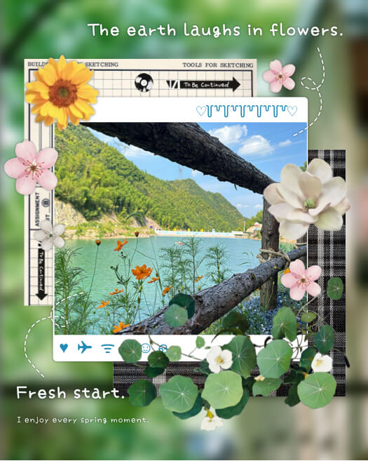 Spring nature scrapbook collage with sunflower, pink blossoms, and text overlays surrounding a mountain lake photo.