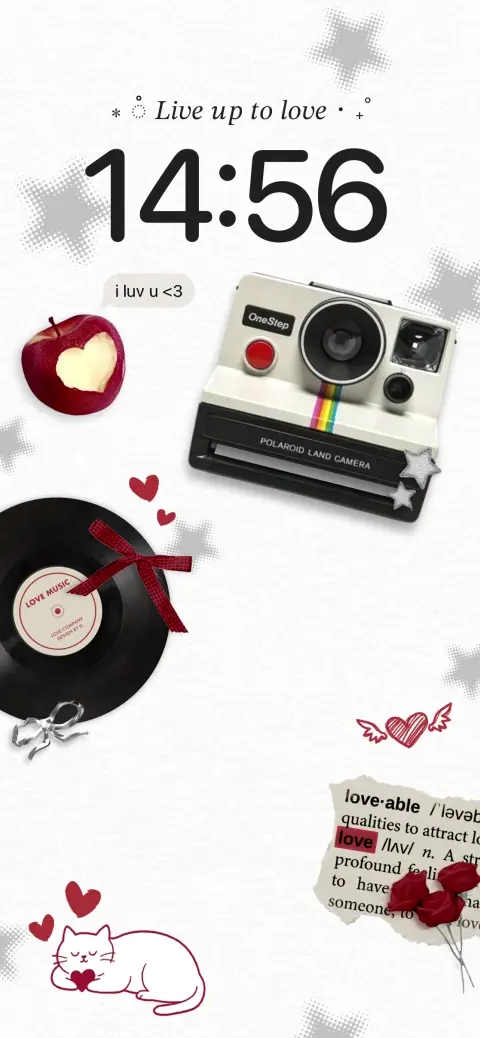 Retro collage live wallpaper template with a Polaroid camera, vinyl record, apple heart, and cute cat on white background.