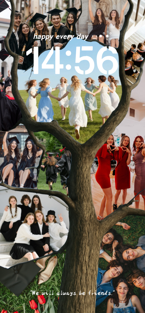 Modèle de fond d'écran statique personnalisable montrant un arbre avec des cadres photo pour les diplômés et les amis.