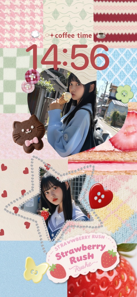 Plantilla de fondo de pantalla personalizable estilo collage con marcos de fotos en forma de estrella y círculo, decorada con fresas.