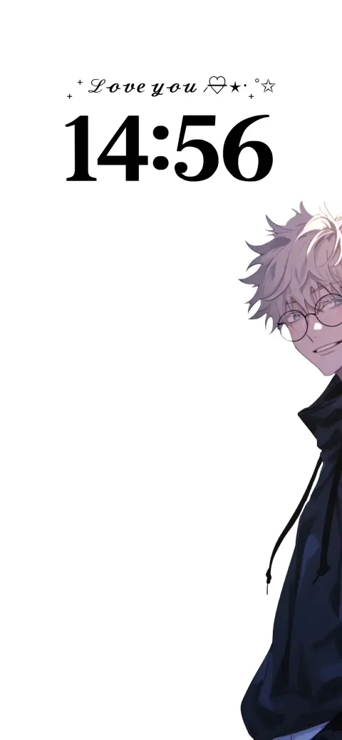 Minimalist anime live wallpaper of Gojo Satoru with glasses on a white background and aesthetic typography.