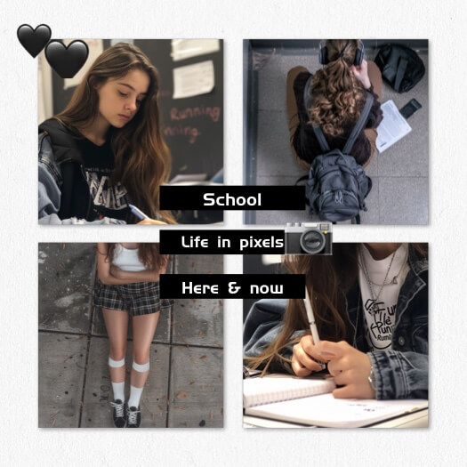Montage photo de 4 images montrant la vie scolaire, avec une fille qui étudie et un sac à dos. Texte central 'School' et 'Life in pixels'.