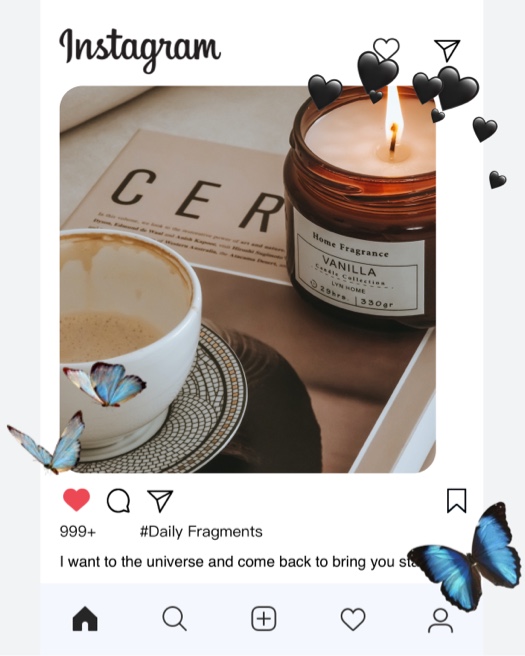 Collage con interfaz de Instagram que muestra una vela, café y mariposas azules con stickers de corazones.