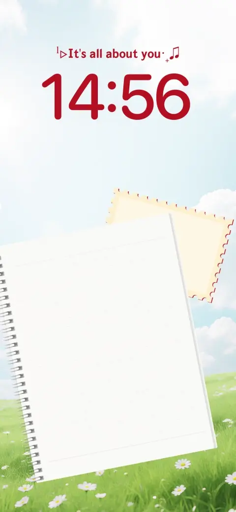 青空と花畑を背景にした、文字や写真を入れられる手帳風のカスタマイズ可能な動く壁紙テンプレート。