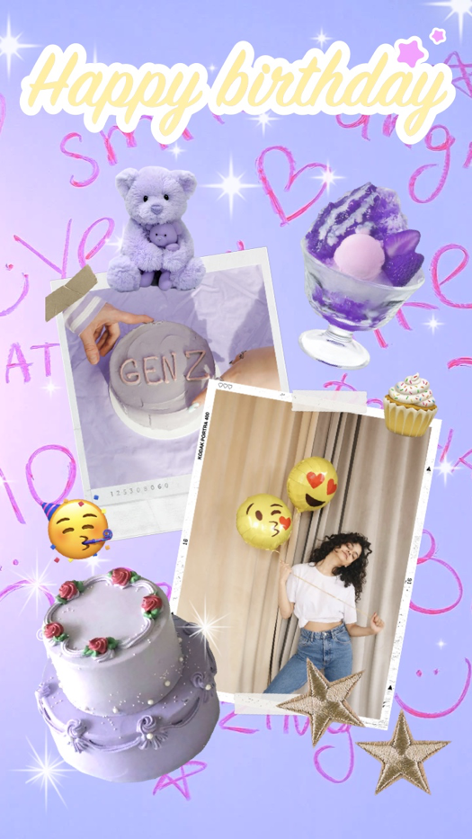 Plantilla de collage de cumpleaños estilo Y2K en color púrpura con dos marcos de fotos, un oso de peluche, pastel y texto 'Happy Birthday'.