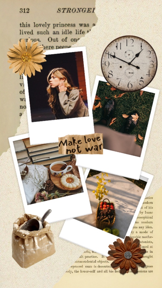 Vintage scrapbook collage with 4 polaroid photos, ripped book pages, a clock, and dried flowers in a retro aesthetic.