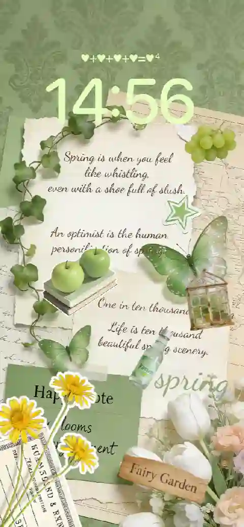 Green aesthetic spring fairy garden live wallpaper template with butterflies, flowers, and vintage scrapbook collage.