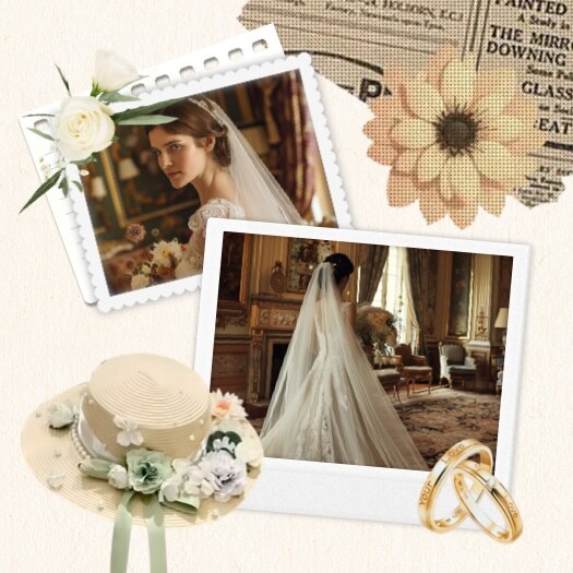 A vintage wedding collage template with two photo frames (postage stamp and polaroid styles), decorated with white roses, gold rings, a floral straw hat, and antique newspaper clippings.