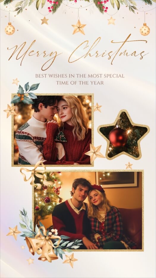 Weihnachts-Fotocollage mit goldenen Rahmen, einem Stern-Element, verziert mit goldenen Glocken und Misteln auf hellem Hintergrund.