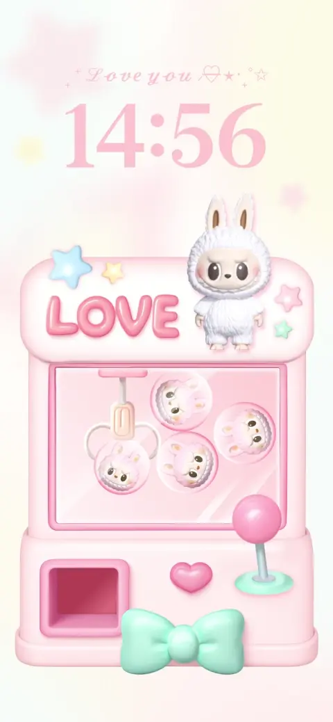 Machine à pince rose 3D avec un personnage mignon, modèle personnalisable pour fond d'écran animé et écran de verrouillage.