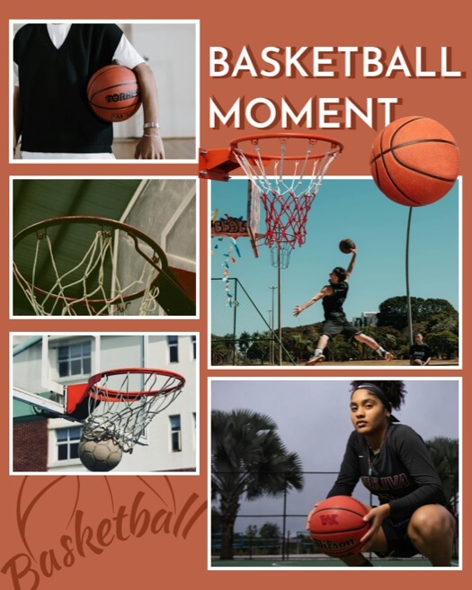 Eine Basketball-Fotocollage mit 5 Platzhaltern für Bilder von Körben, Spielern und Bällen auf einem orange-braunen Hintergrund.