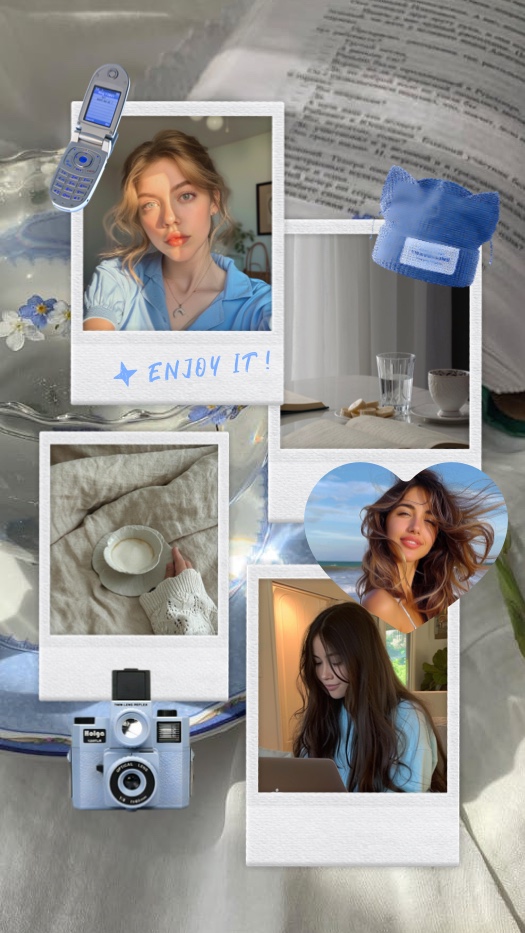 Aesthetic photo collage with Polaroid frames, a heart-shaped photo, vintage flip phone sticker, and blue camera.