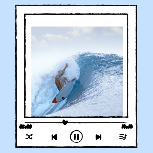 Handgezeichneter Musik-Player-Rahmen im Polaroid-Stil auf hellblauem Grund mit einem Surfer-Motiv.