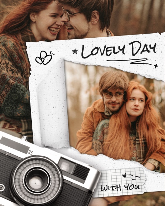 Vintage scrapbook photo collage template with ripped paper effects, hand-drawn hearts, and a classic 35mm film camera.