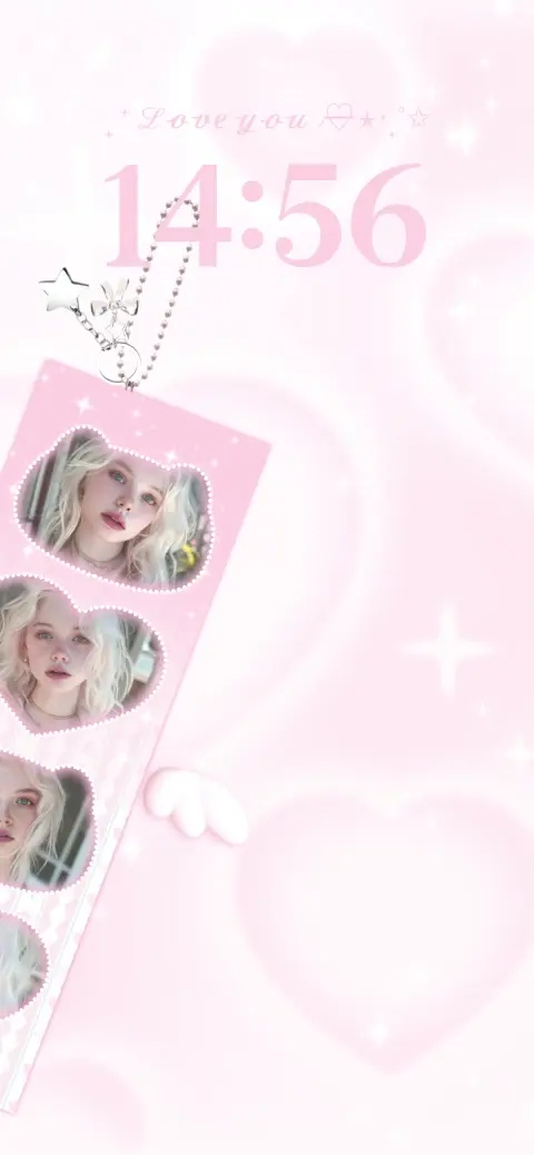 Plantilla de fondo estético rosa con corazones flotantes y una tira de fotos tipo llavero para personalizar con imágenes propias.