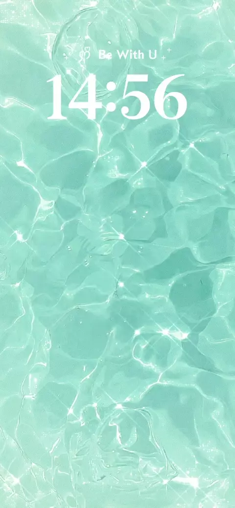 Aesthetic mint green water ripples with sparkling sun reflections and clock overlay live wallpaper template for mobile.